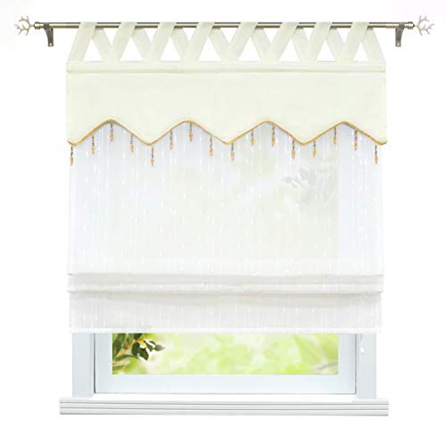 ESLIR Raffrollo mit Schlaufen Raffgardinen Transparent Küche Gardinen Landhausstil Schlaufenrollo Leinen Beige BxH 140x140cm 1 Stück