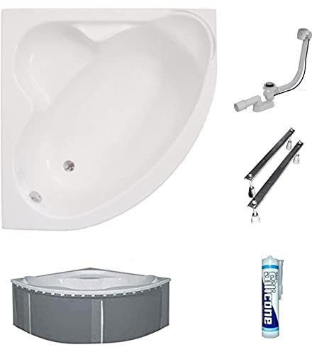ECOLAM® symmetrische Badewanne Eckbadewanne Standard Polimat Acryl weiß 130x130 cm + Wannenträger zum Verfliesen Ablaufgarnitur Ab- und Überlauf Automatik Füße Silikon Komplett-Set