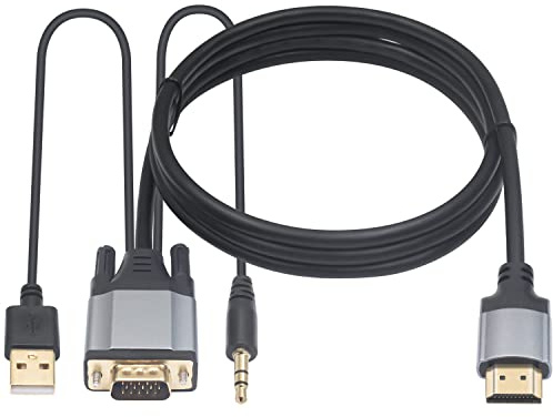 Duttek VGA auf HDMI Kabel mit 3.5 mm Audioanschluss und USB 2.0 Netzteilanschluss, 1080P VGA Stecker auf HDMI Stecker, Kabel für Monitor, TV, Computer 1.5 m