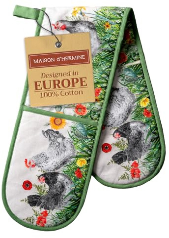 Maison d' Hermine Double Oven Mitts 100% Double Cotton Oven Glove 18 x 89cm | Heat Resistant BBQ Cooking Gloves with Loop Baking Grilling Kitchen Hotel Home Farmhouse Spring Summer - Basse Cour