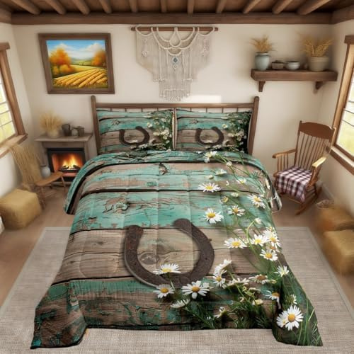 Rustic Farmhouse Bedding Set Teal Country Wooden Barn Door Down Comforter Full Western Horseshoe Daisy Decor Comforter Set for Kids Boys Girls Teen Cowboys Cowgirls Quilt Duvet Sets 2 Pillow Cases