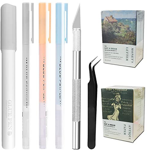 206 Stück Weinlese DIY Material Papier und Klebestift Set, CNYMANY Junk Journal Journaling Zubehör Scrapbooking Papier Retro Dekoratives Antikes Kunsthandwerk Tagebuch-Verzierung