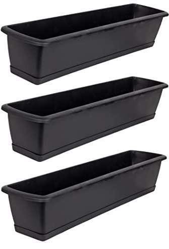 BigDean 3er Set Blumenkasten mit Untersetzer 60 cm lang anthrazit - aus PP-Kunststoff - Balkon Pflanzkasten schmal Balkonkasten