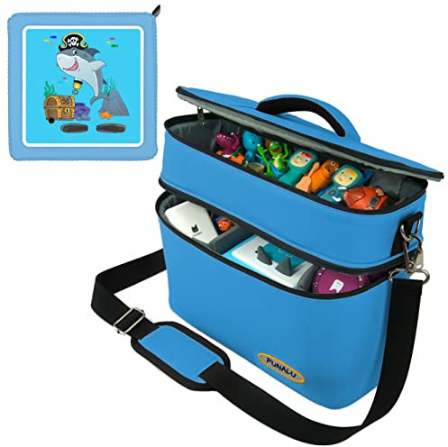 PUNALU große Tasche für Toniebox inkl. Schutzfolie passend für Toniebox, Platz für 68 Tonies, Set Toniebox Tasche + Toniebox Aufkleber (hellblau)