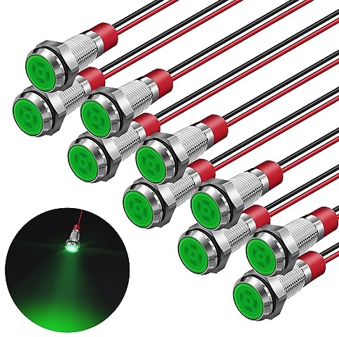 FICOLPO 10 Pcs LED Metal Waterproof Indicator Light, 12-24V 5/16'' Mounting Hole Pre-Wired Pilot Signal Light for Car, Trucks, Boats, Marine, Dash, Industrial Electricity (Green, 8mm)