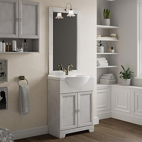 Mobile bagno a terra retrò 55 cm bianco decapè in legno, lavabo in ceramica e specchiera 50x100 con cornice e lampada in ottone, ROMANTICA