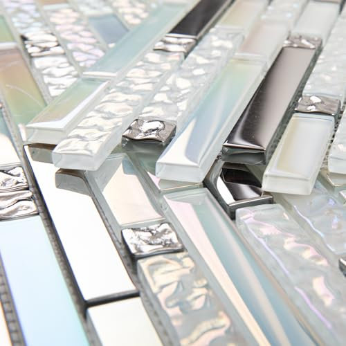 Adedeo Glasfliesen, Mosaik, schillerndes Weiß, 30,5 x 30,5 cm, für Küche, Badezimmer, Wand (5 Stück, 5 m²)