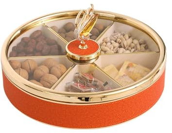 Snack Serving Tray, Light Luxury Metal Divided Serving Dishes, Divided Serving Dishes with Clear Lid, 6 Removable Snacks Bowls Relish Tray for Candy and Nut, Chips and Dips, Veggies (Grey : Orange)