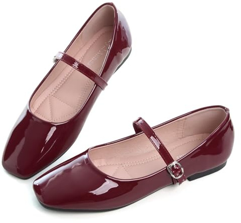 Hee grand Womens Mary Jane Shoes Patent Leather Buckle Strap Square Toe Ballet Flat Comfortable Walking Shoes,Red 8