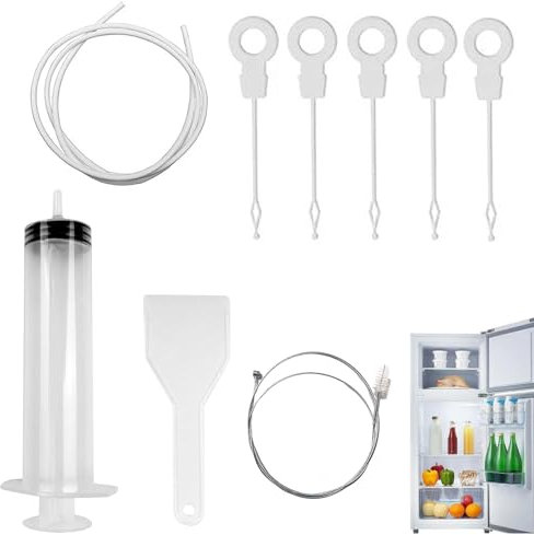 Kit Pulizia Frigorifero,9 pezzi Accessori Pulizia Frigorifero,Spazzolas di pulizia del foro di scarico del frigo,Con Siringa,Tubo,Raschietto, Insertis di Foro di Scarico,Per Frigorifero lavello