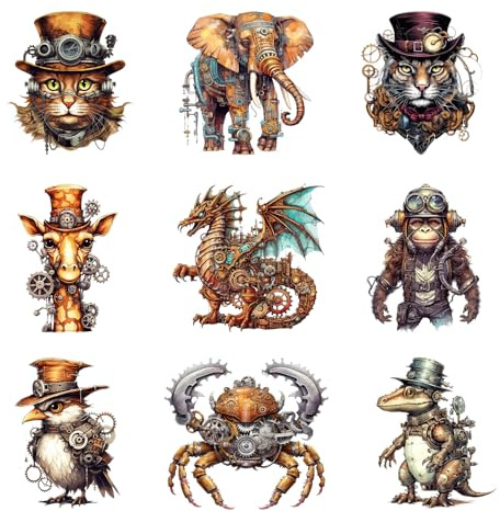 9pcs Steampunk Animals Iron on Transfers Heat Transfer Decals Iron on Transfers for T Shirts Patches Sticker for Clothes Pillow Covers DIY Appliques