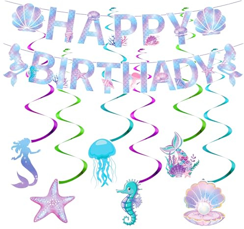 PIWOSGOL Meerjungfrau Geburtstag Deko, Iridescent Mermaid Garland mit Seepferdchen Seashell Starfish Quallen, Happy Birthday Girlande für Mädchen für Unterwasserwelt Mermaid Party Zubehör