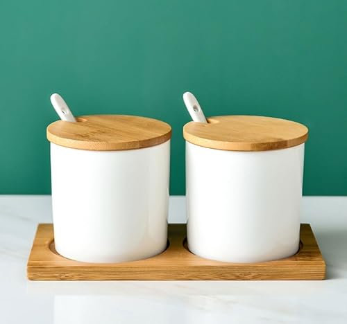 Luminexia Ceramic Condiment Set,Porcelain Spice Jars,Sugar Bowl Condiment Pots With Lids,Spoon And Tray,Seasoning Box For Sugar,Spice,Salt,with Wooden Lids And Spoons,for Breakfast,Home Kitchen