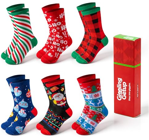 Giggling Getup 6 Packs Winter Christmas Socks for Women Men, Warm Cotton HO Plaid Crew Socks for Women Christmas Holiday, Birthday Gift, Christmas Party Gifts for Women for Xmas