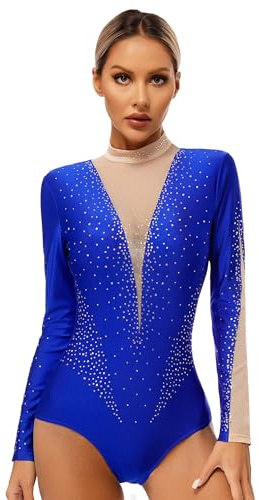 MSemis Damen Glänzende Gymnastikanzug Langarm Ballettanzug Eiskunstlauf Body mit Strass Einteiliger Tanzbody Leotard Wettbewerb Tanzkostüm Blau XL
