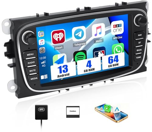 CAMECHO 4+64G Android 13 Radio Coche para Ford Focus mk2 Mondeo Cmax Galaxy Smax Kuga con CarPlay&Android Auto&Mirrorlink,9 Pulgadas Pantalla Táctil con Bluetooth/WiFi/GPS/FM/RDS/USB