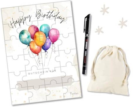 Gutschein Puzzle zum Geburtstag Ballons, Personalisierbarer Geschenkgutschein Karte zum selberausfüllen mit Stift und Säckchen, Zeit statt Zeug für Männer Frauen Kinder Runder Geburtstag