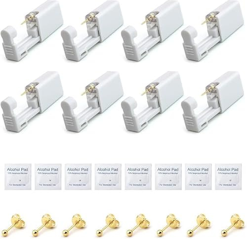 Öronhålspistol, engångsöronpiercingpistol, piercingpistol, engångssterilsäkerhet öronnäsor, piercing pistolkit, för flickor kvinnor, guld, 24 st, 8 PCS