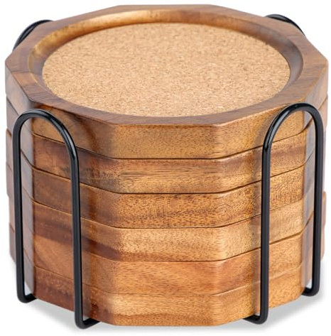 LiWiBet Untersetzer Gläser Holz, 6 Stück Untersetzer aus Akazienholz mit Halter, Glasuntersetzer Kork Holzuntersetzer Getränkeuntersetzer Tischuntersetzer, für Getränke, Glas, Tassen, Bar | Holzuntersetzer für Gläser mit Kork Glasuntersetzer Holz Getränkeuntersetzer Kork für Getränke, Glas, Tassen, Bar
