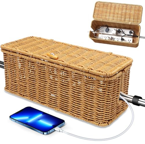 Rattan Cable Management Box, Handmade Cable Box, Hide Cable Tangle Desk Socket Box for Office, Home, Under Desk Cable Organiser Box for TV Wires Power Strip