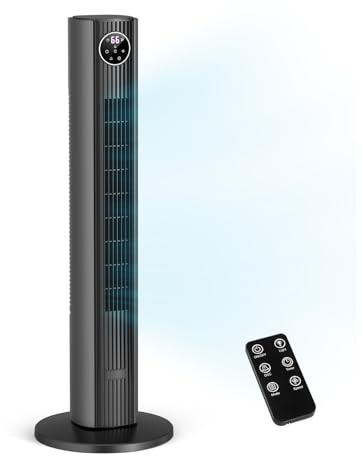 ZAFRO Tower Fan for Bedroom, 37”Standing Fans with Remote, 90° Oscillating Fan with 12H Timer, Bladeless Fan with 4 Modes & 3 Speeds, Grey