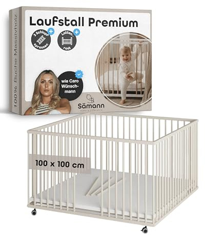 Sämann Laufstall Baby mit Lattenrost & 3 Schlupfsprossen I Sahara Dust 100x100 cm I höhenverstellbares Laufgitter aus Holz I stabiles Babybett I Premium Krabbelgitter sicher & mitwachsend Babys