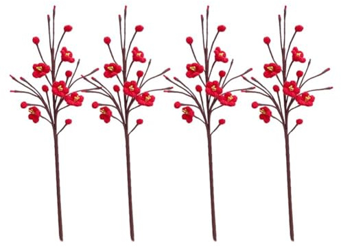 Magicherry Bouquet di fiori di prugno artificiali fatti a mano all'uncinetto, 4 pezzi, con stelo lungo, per matrimoni, ufficio, feste, hotel, decorazione per la casa, vaso non incluso (rosso)