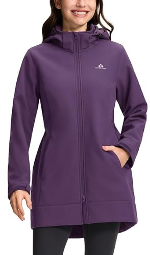 Pioneer Camp Giacca softshell da donna, lunga in pile, con cappuccio, impermeabile e antivento, regolabile, parka antipioggia con chiusura a strappo, tasche per escursioni, corsa, Viola mezzanotte, S