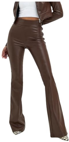 Womens High Waist Faux Leather Flared Trousers PU Shiny Slim Fit Stretchy Bottoms Solid Colour Tight Fit Leather Look Pants Stylish Bottom Trousers for Women (Brown, M)