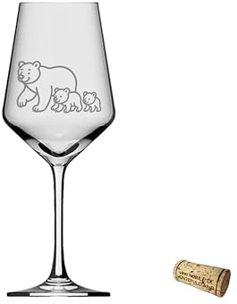 eXODA Copa de vino grabada con oso pardo y cría 350ml, apta para lavavajillas, diseño elegante para noches inolvidables, ideal para vino, jugo y cócteles.