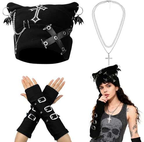 BTHRORO Goth Knitted Beanie Grunge Cat Ear Beanie Hat with Punk Necklace Grunge Arm Warmers for Women Y2K Streetwear Accessories Emo Crochet Hat
