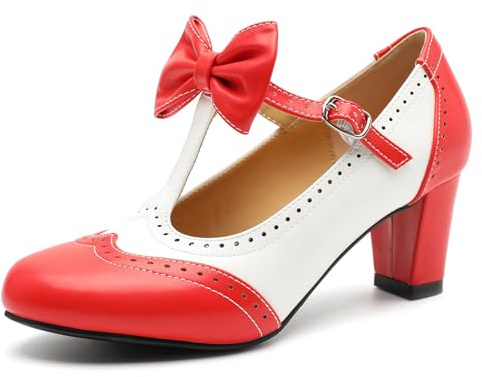 Rjclyh Women's T-Strap Mary Jane Pumps-Low Block Chunky Bow Heels-Retro Closed Toe Ankle Strap Dress Shoes for Wedding, Lolita, Office & Daily Wear Red & White US 8.5