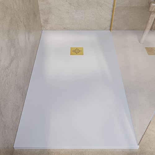 SOULHOME Piatto doccia- Resina -Gel Coat -Texture liscia/pietra -Antiscivolo -Colore Bianco - 90X70- Extra piatto 3cm. GRIGLIA DORATA