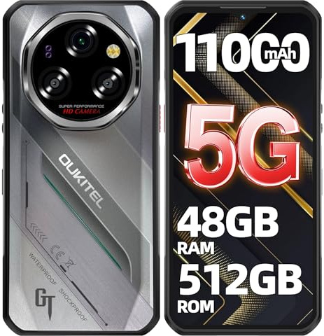 OUKITEL WP62 5G Telephone Portable Incassable Android 15, 48Go RAM+512Go ROM/2To Smartphone Incassable, 11000mAh/33W, 6.6 FHD+ 120Hz, Caméra 108MP, Dual SIM/NFC/OTG/Face ID, Telephone de Chantier