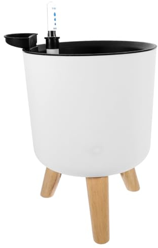 Abaodam Pot de Plantation D'intérieur Blanc avec Base Bois et Jauge d'eau | Abs et Bois, Liner Inclus, Design Moderne, pour Balcon ou Centre Commercial, Gain de Place, Facile à Exposer