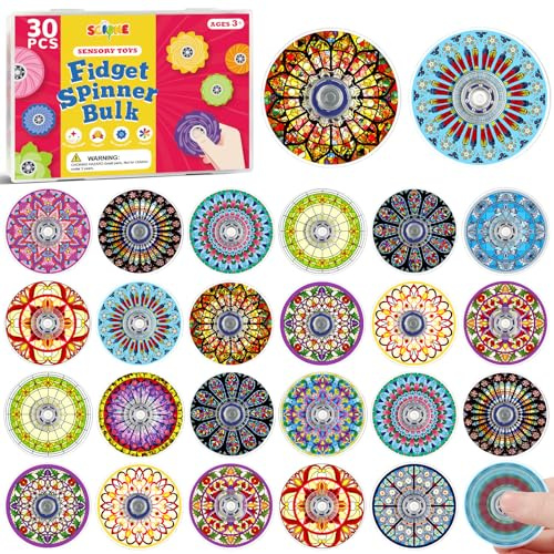 SCIONE 30 stycken fidget-spinn-presenter till barnkalas, 15 målat glas kalejdoskop mönster akryl mini snurror, gästpresenter barn, skattkista, belöningar, sensoriska leksaker, 3,8 cm