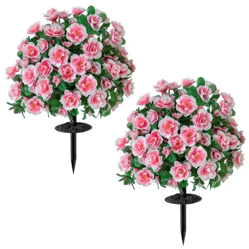 2 Pack Artificial Boxwood Topiary Ball Trees with Ground Spike for Outdoor, 19 Realistic Faux Shrubs with Flowers, UV Resistant Artificial Fake Bushes Plant for Garden Yard Porch Patio Decor (Pink)