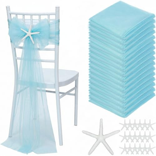 Breling 20 Pcs Coastal Wedding Chair Sashes Light Blue Starfish Beach Chair Covers Bulk 9ft Long Ocean Aisle Decorations for Outdoor Summer Seaside Wedding Party Banquet Reception