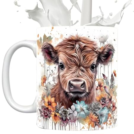 Genérico Taza de café de cerámica – Taza de flores coloridas de de las tierras altas 3D de 11 oz, linda con temática escocesa, novedosa bebida para mujeres | Hogar Oficina Escritorio Cocina Desayuno