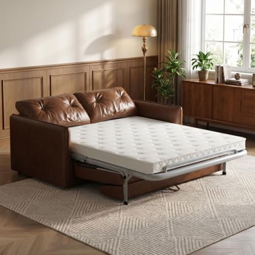 KAANAA Schlafsofa 160 cm, Sofa mit matratze, Braun | 160 cm Breite, 3-in-1 Funktion, 10 cm Matratze, Lederoptik, Stahlgestell, Ausziehbar, Bis 272 kg belastbar