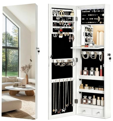 AnSafity Lockable Jewelry Cabinet Organizer with Full Length Mirror, 6 Auto LED Lights, Wall & Over Door Mount Jewelry Armoire with Earring Slots, Necklace Hooks, Foldable Makeup Shelf
