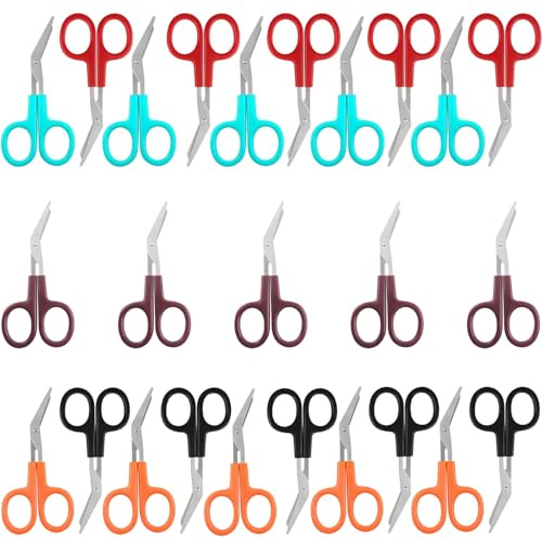 Set di 25 forbici per bendaggi, mini forbici mediche per infermieri, lame in acciaio inox con manici in plastica, design a punta piegata, dimensioni compatte, codice colore per una facile gestione