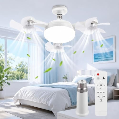 Usper Ventilatore da Soffitto con Luce, 3 Teste Drone Lampadario con Ventilatore da Soffitto LED E27 50W Ventola Lampadina Silenzioso Ventilatori, Telecomando 3 Velocità 3 Colori per Camera (3 Teste)
