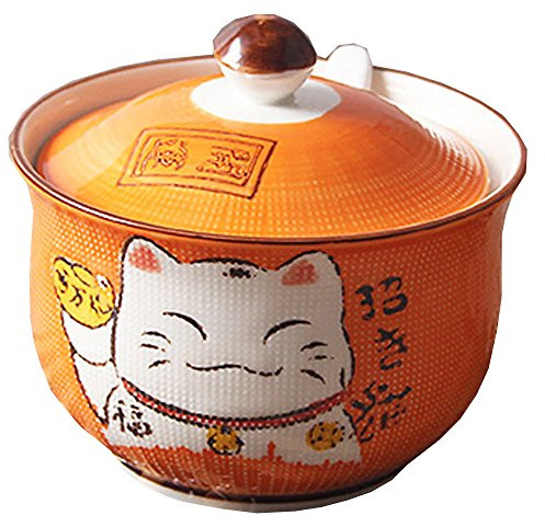 La Céramique japonaise Maneki Neko Lucky Cat Sucre Sel Poivre Pot avec couvercle et cuillère free Orange