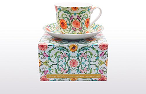 BONE CHINA BREAKFAST CUP/SAUCER VINTAGE TRELLIS GIFT BOXED POSTAGE FREE UK