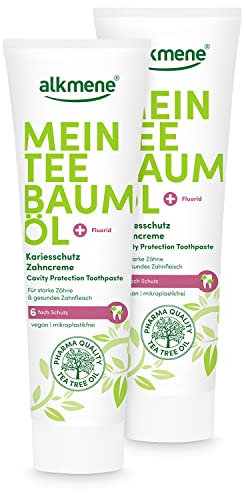 alkmene Pasta de dientes con aceite de árbol de té para dientes sensibles - crema de dientes vegana para dientes sensibles sin siliconas ni parabenos - con flúor 2x 100 ml