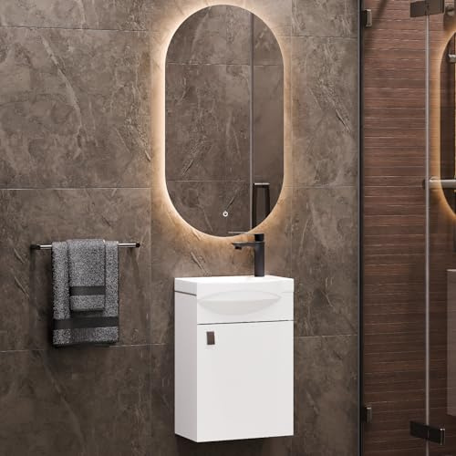 Planetmöbel Badmöbel Set Waschtisch mit Unterschrank | 40 x 60 x 29 cm, Spiegel mit Beleuchtung 50 x 90 cm für Badezimmer, Gäste WC & Bad, Weiß