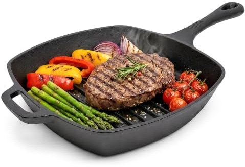 Besto Griddle Pan Cast Iron Grill Pan 26cm x 26cm - Pre-Seasoned Square Grill Pan for All Hobs Including Induction | Black