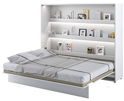 Schrankbett Bed Concept, Wandklappbett mit Lattenrost, V-Bett, Wandbett Bettschrank Schrank mit integriertem Klappbett Funktionsbett (BC-14, 160 x 200 cm, Weiß/Weiß Hochglanz, Horizontal)