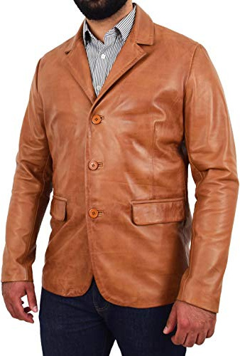A1 FASHION GOODS Herren Leder Blazer Cognac Echtes Lammfell Jacke Abendessen Anzug Stil Mantel Dean (L - EU 50)
